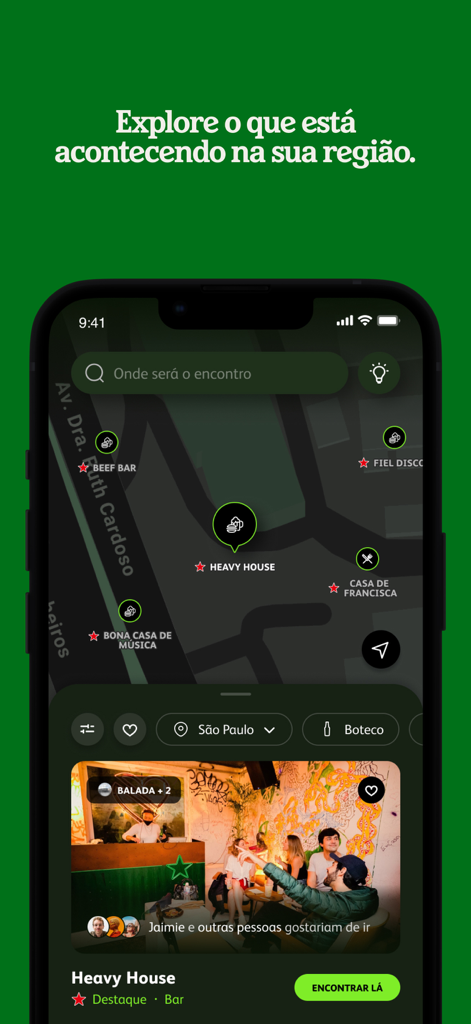 Hei - Hei mobile app interface showing a dark themed map with curated bar locations and a venue preview card