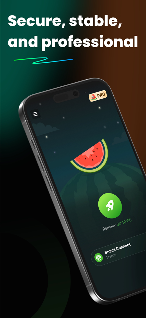Melon VPN - Easy Fast Low-cost - Interface do aplicativo móvel Melon VPN em um iPhone mostrando o botão de conexão e a localização do servidor