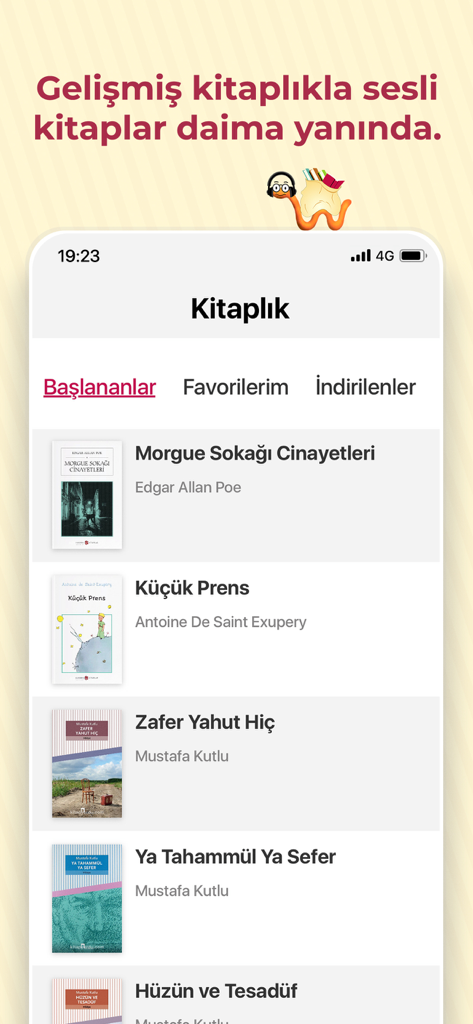 Library interface of the Kitapyurdu Sesli Kitap app displaying a list of started Turkish audiobooks