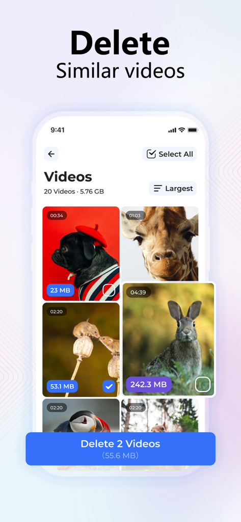 AI Cleaner Pro: Clean Storage - Interfaz que muestra AI Cleaner Pro seleccionando y eliminando videos similares para ahorrar almacenamiento.