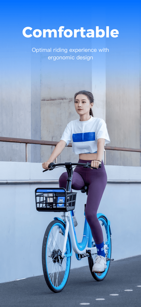 HelloRide-Enjoy your ride - 人間工学に基づいたデザインの青と白のHelloRide自転車に乗っている若い女性