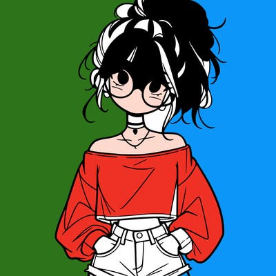 girl with a messy ponytail glasses a baggy crop top and jean shorts