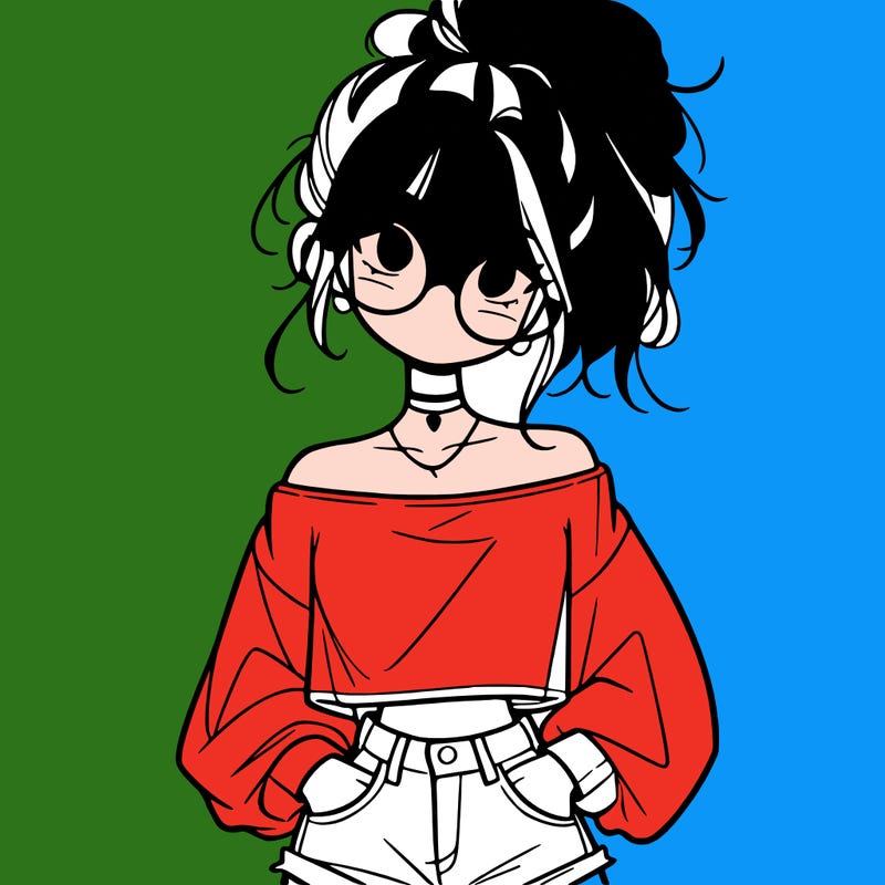 girl with a messy ponytail glasses a baggy crop top and jean shorts