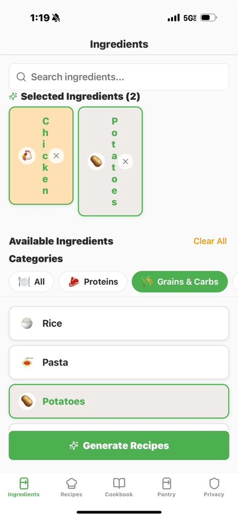 Spachula: ai recipes & pantry - Spachula app interface for selecting ingredients to generate AI recipes