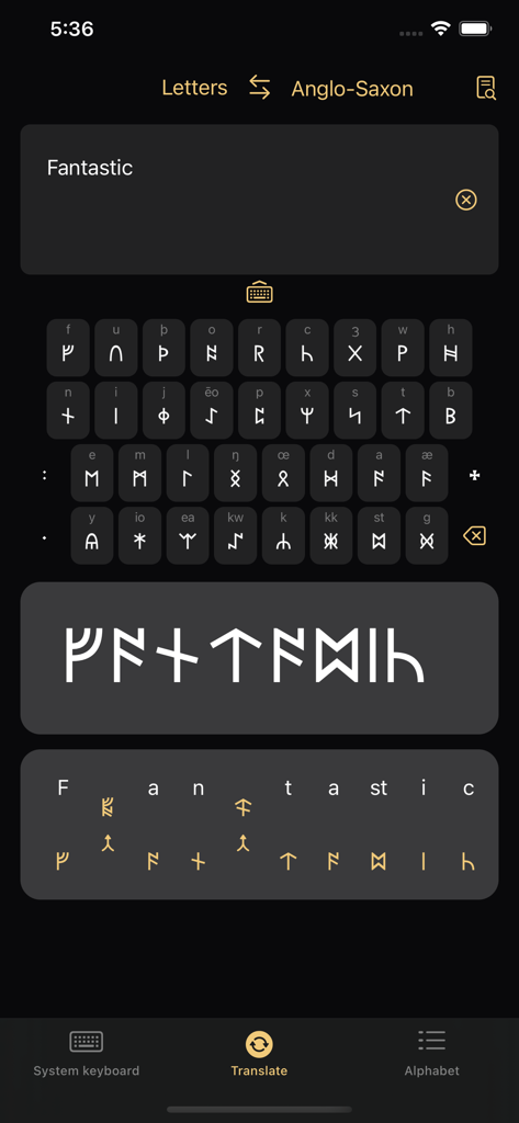 Write in Runic app interface showing the word Fantastic phonetically transliterated into Anglo-Saxon runes