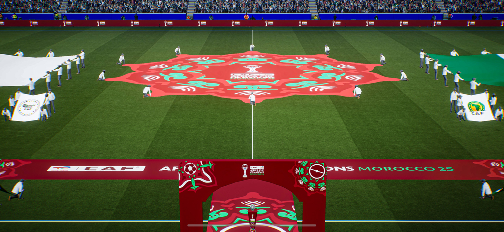 A pre-match ceremony for the Africa Cup of Nations on a soccer field in eFootball