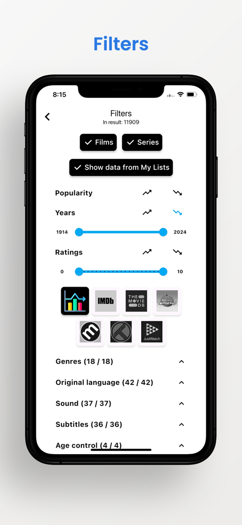 Interface showing search filters for movies and series including release years and ratings from platforms like IMDb and Rotten Tomatoes.