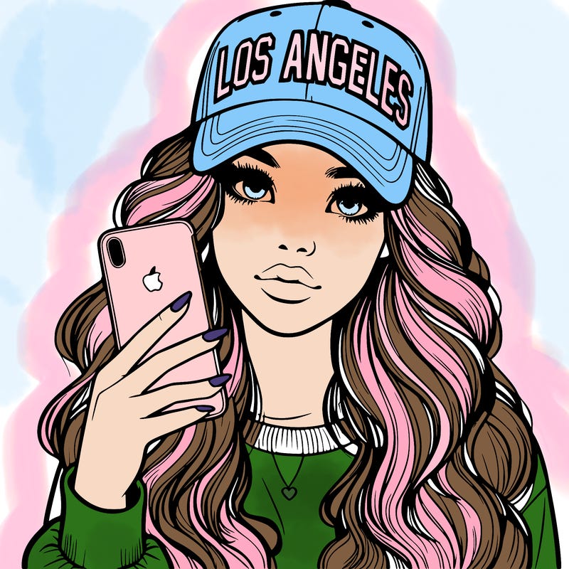 realistic beautiful girl wearing los ángeles cap holding an iphone