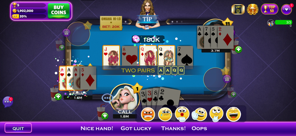 オマハポーカーモバイルゲームのスクリーンショット、ポーカーテーブル、コミュニティカード、プレイヤーオプションを表示