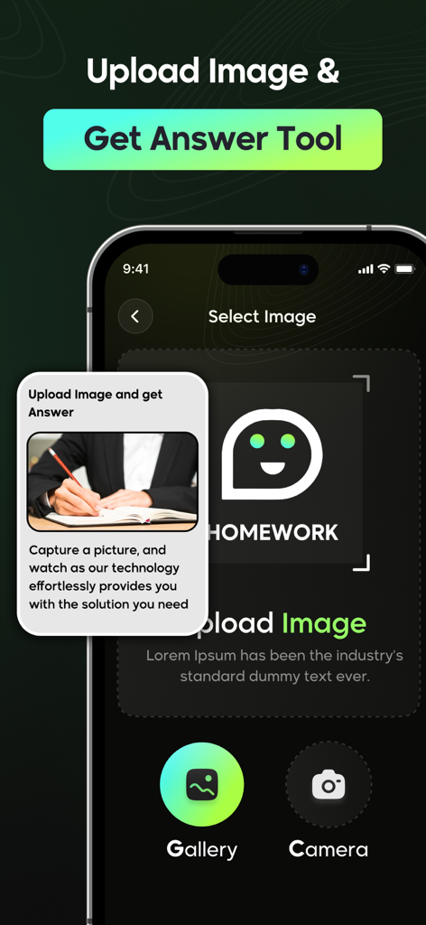La interfaz de la aplicación Photo Math Solver muestra opciones para subir un problema matemático de la galería o la cámara para obtener una solución IA instantánea.