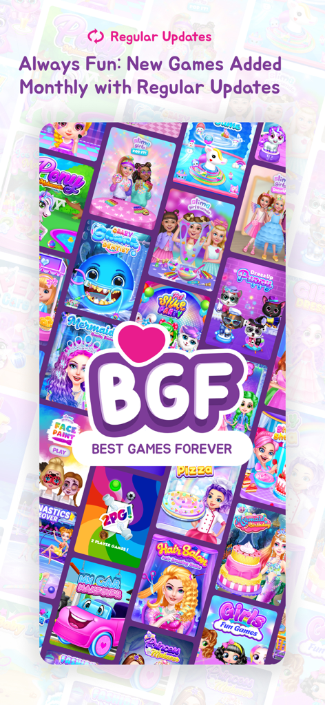 Girls Games! +1000 Kids Games - Collage de juegos infantiles que incluyen disfraces, cocina y slime con texto sobre actualizaciones mensuales