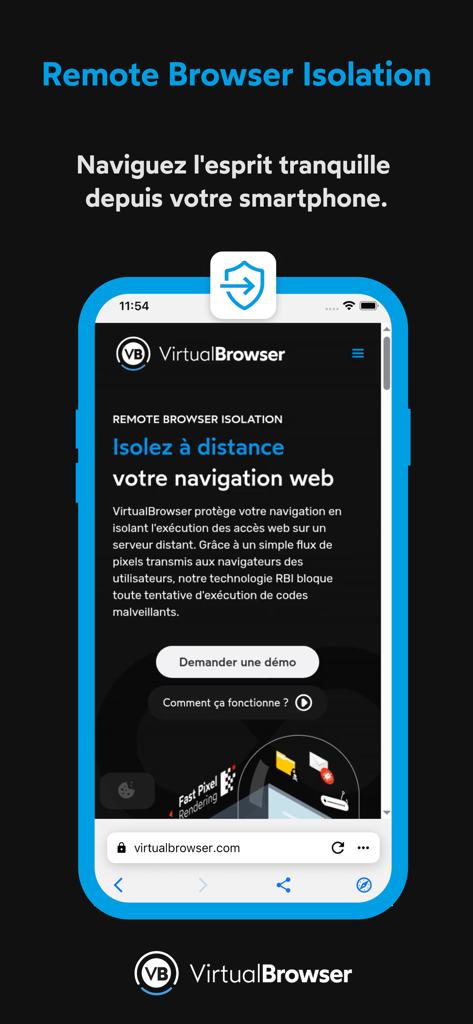 VirtualBrowser - Smartphone affichant la technologie d'isolation de navigateur à distance de VirtualBrowser pour une navigation Web sécurisée