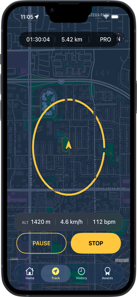 TrailSnap: Hike, Bike & Walk - TrailSnap app showing live GPS trail tracking with altitude and heart rate data