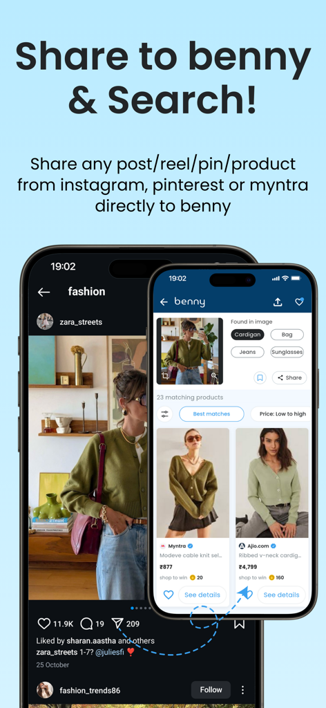 benny: AI fashion search - Mobile app interface showing how to share fashion posts from social media to benny for AI visual search