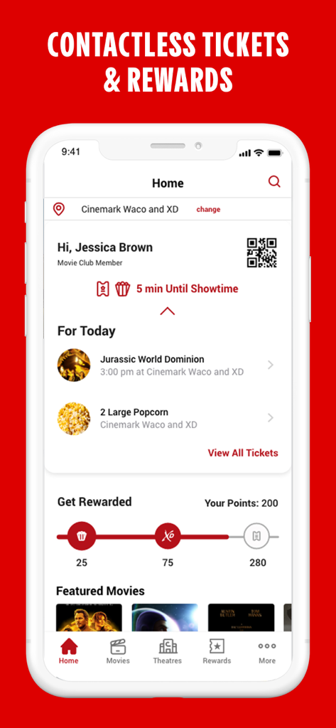 Cinemark Theatres app home screen displaying contactless tickets QR code and loyalty reward points progress