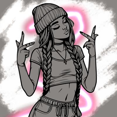 realistic teenage girl with braids and a beanie and crop top doing 🫶🏼