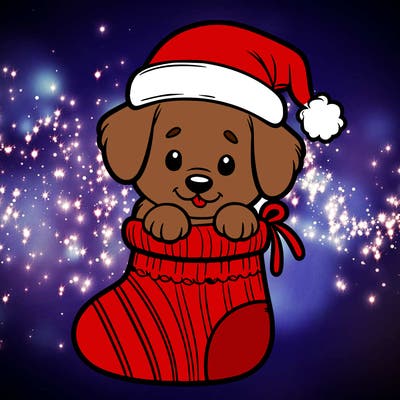 cute puppy wearing santa hat in socking