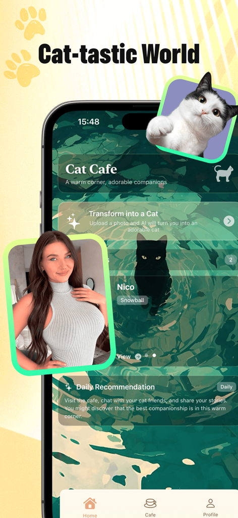 Glph - Glph Mobile App-Bildschirm, der das virtuelle Katzen-Café und die KI-Katzen-Transformationsfunktionen zeigt