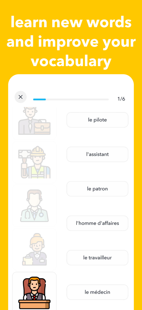 Interface d'application d'apprentissage de l'anglais présentant le vocabulaire des professions avec des icônes et des étiquettes