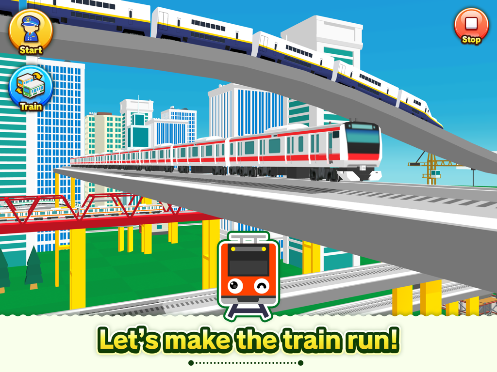Train Go for iPad - Vários trens coloridos circulando em trilhos elevados por uma cidade de desenho animado