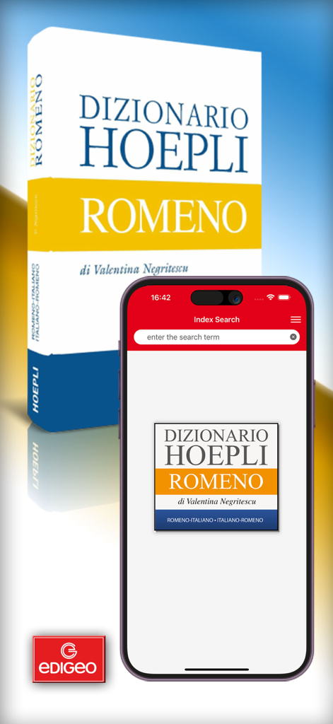 スマートフォンに表示されたHoepliルーマニア語-イタリア語辞書アプリのインターフェース