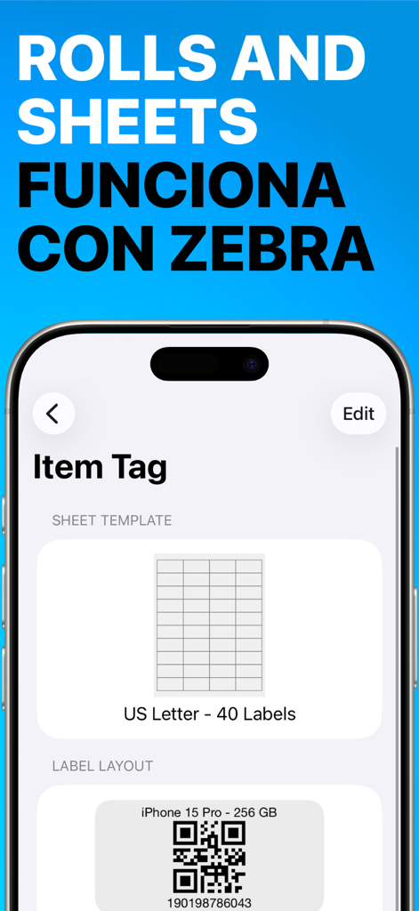 Bildschirm der Label Maker Business App, der QR-Code-Artikelanhänger und US-Letter-Etikettenvorlagen zeigt.