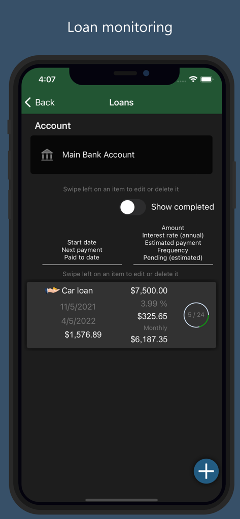 Interfaz de la aplicación Homeasy para el seguimiento de préstamos que muestra detalles del préstamo del coche, tasas de interés y progreso del pago