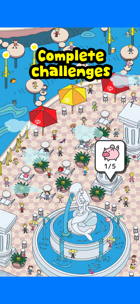 Gameplay screenshot of Happy Find Hidden Objects 2D showing a challenge to find hidden piggy banks in a colorful town square scene with a mermaid fountain.