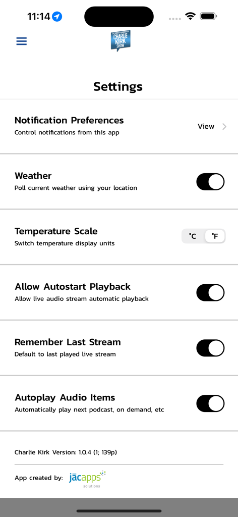 The Charlie Kirk Show - Settings screen of The Charlie Kirk Show app showing notification and audio playback options
