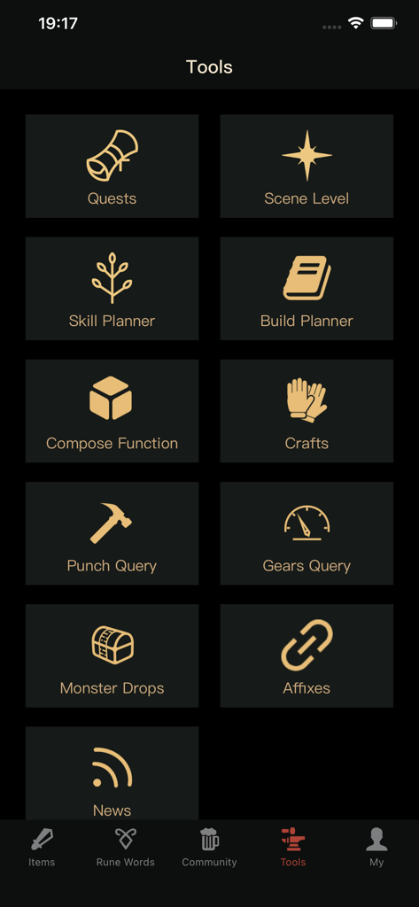 D2 Pal Pro for Diablo2 - Tools menu of the D2 Pal Pro app showing game utilities like skill and build planners for Diablo 2