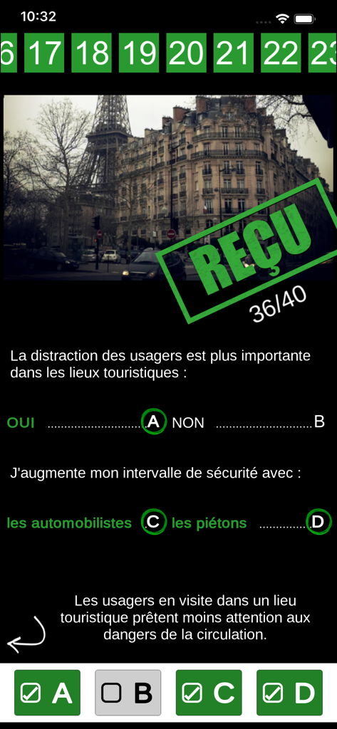 Examen Permis Moto - Code ETM - Interface de simulation du code moto affichant un score de 36 sur 40 et des questions sur la securite routiere.