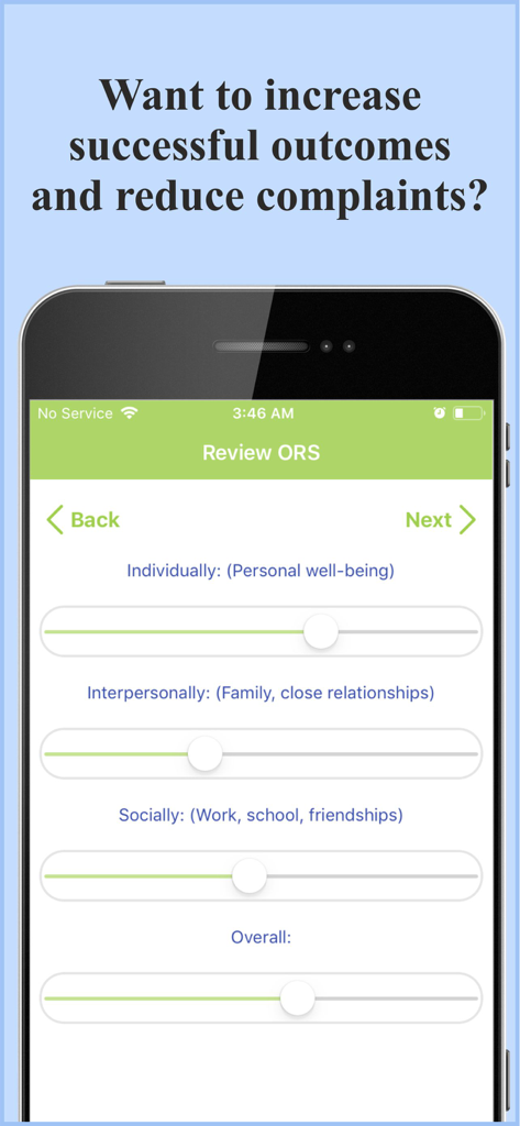 MyOutcomes - Captura de pantalla de la pantalla de Revisión de ORS de la aplicación MyOutcomes con controles deslizantes para rastrear el bienestar personal, interpersonal y social.