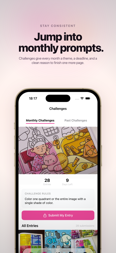 A smartphone displaying the monthly challenges screen of the Colora app featuring a coloring prompt of a girl and a cat