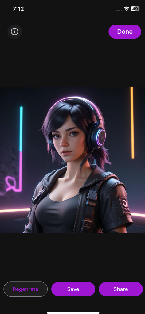 Speech To Image AI Generator - Avatar de personagem cyberpunk gerado por IA com fones de ouvido no aplicativo Gerador de IA de Voz para Imagem