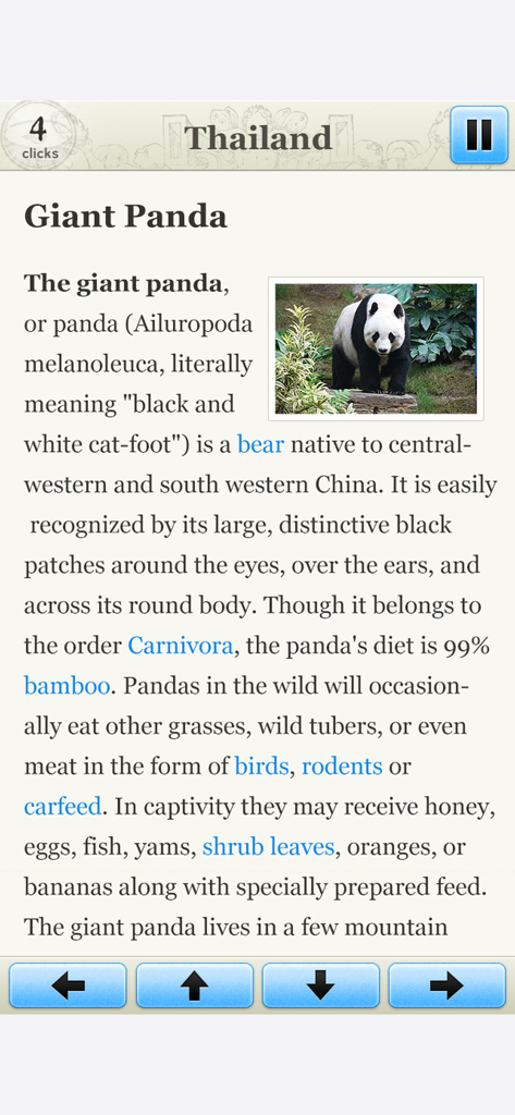Gameplay screen of The Wiki Game showing a Wikipedia article about Giant Pandas.