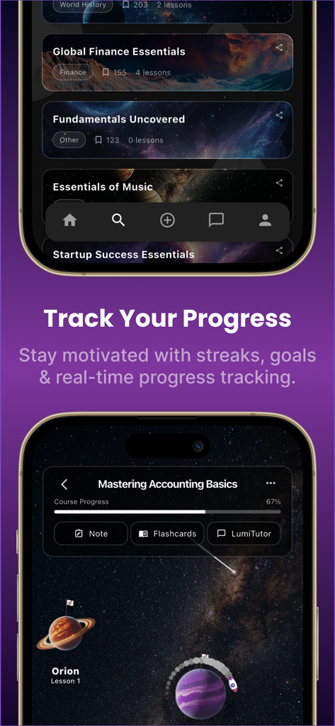 Interface do aplicativo Lumi exibindo o rastreamento do progresso do curso e um mapa de estudos gamificado com tema espacial.