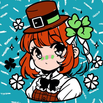 a manga-style girl with clovers around her, a little hat in her hair, like it's saint patrick's day