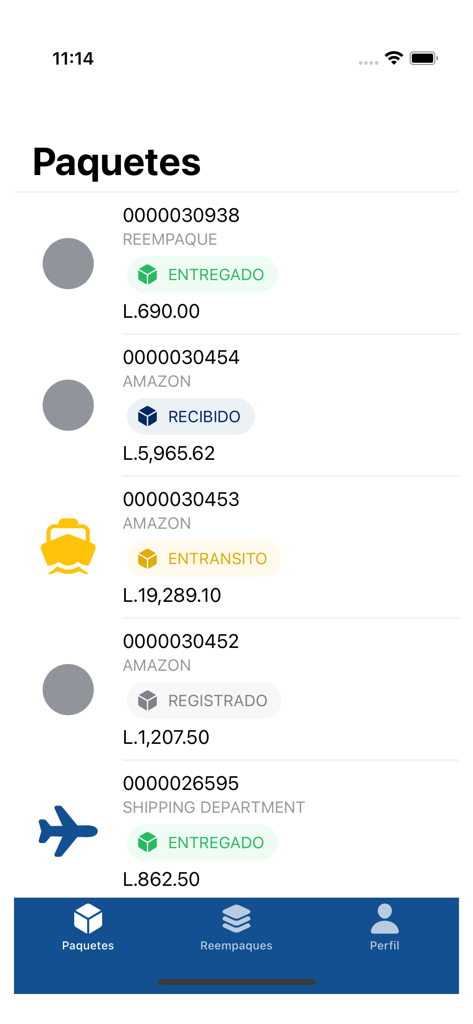 MultiEnvíos Express - A screenshot of the MultiEnvíos Express app showing a list of tracked packages with statuses like delivered, in transit, and received.