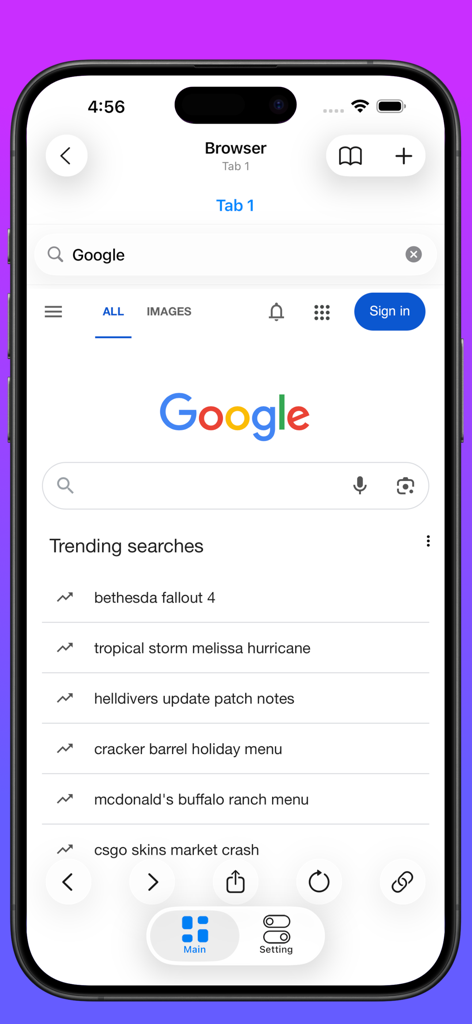 Oberfläche der privaten Webbrowser-Funktion innerhalb der Dual Messenger Multi Social App