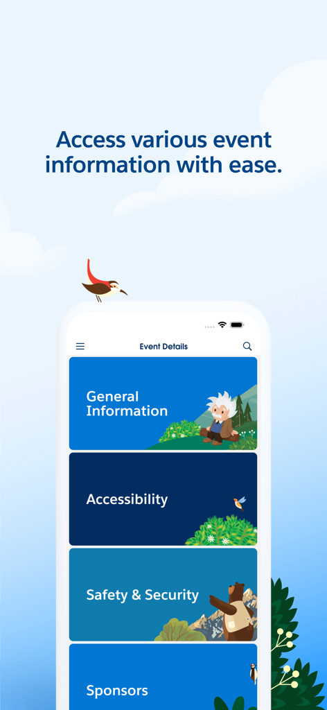 Capture d'écran de l'application Salesforce Events montrant le menu Détails de l'événement avec les options Informations générales, Accessibilité, Sûreté et Sécurité, et Sponsors