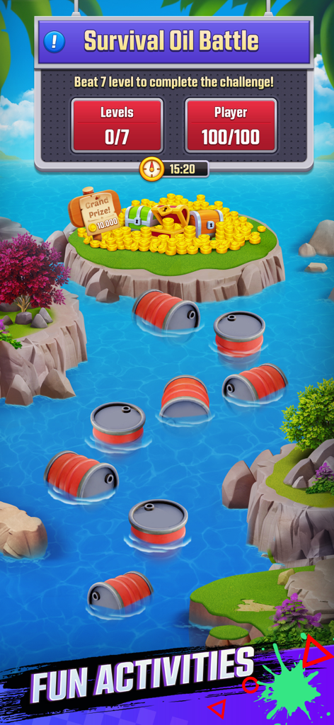 Royal Car Customs - Survival Oil Battle mini game screen in Royal Car Customs showing a path of oil barrels leading to a treasure island