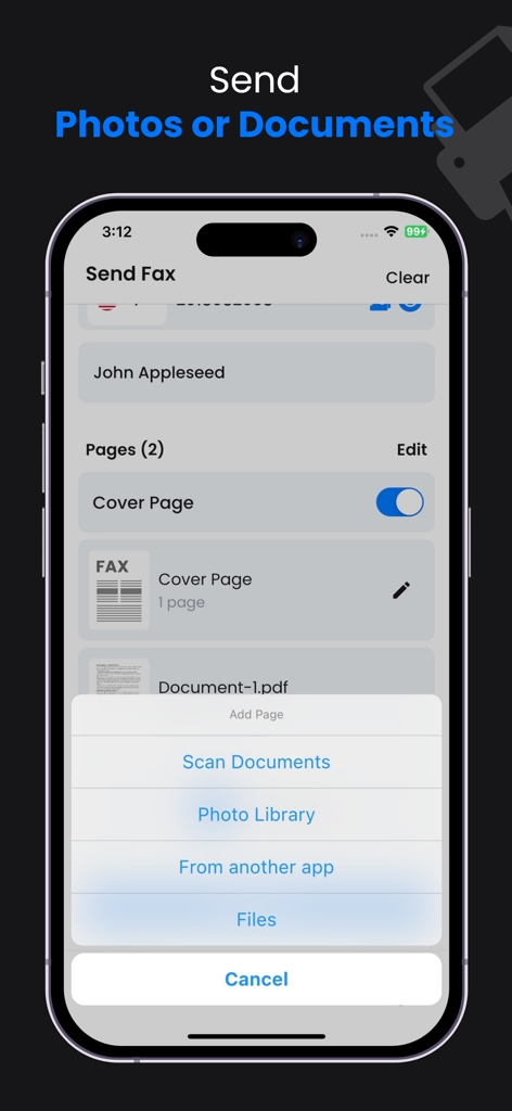 Fax Unlimited - Send Fax - Screenshot of the Fax Unlimited app showing options to scan or import documents for faxing on an iPhone