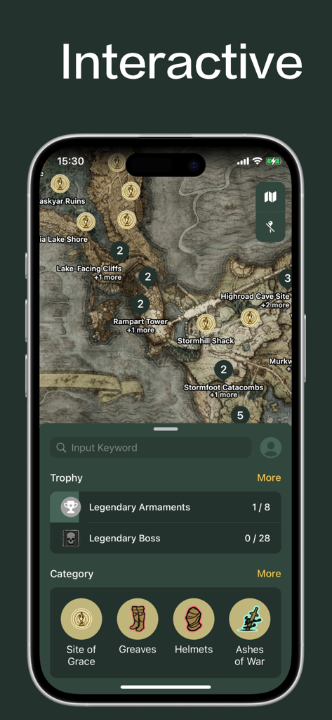 Interfaz de mapa interactivo y seguimiento de progreso de trofeos en la aplicación complementaria de Elden Ring