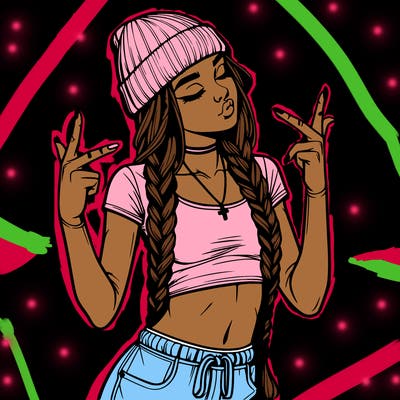 realistic teenage girl with braids and a beanie and crop top doing 🫶🏼