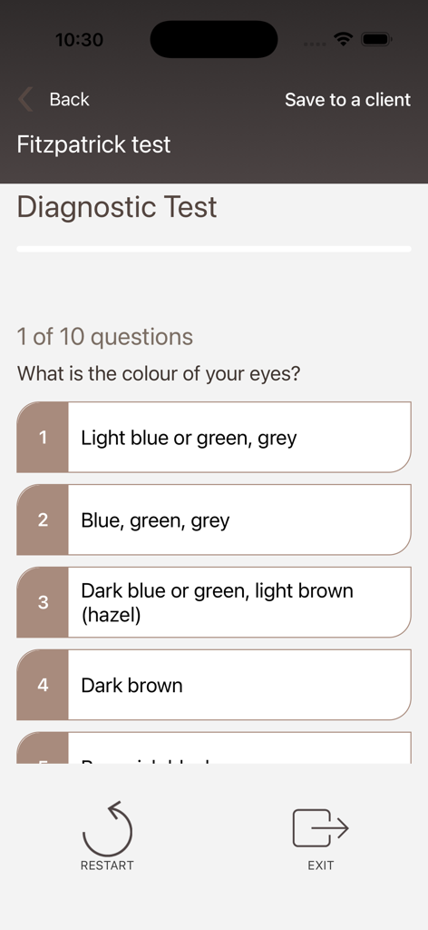 NOON Aesthetics - A diagnostic screen in the NOON Aesthetics app showing the first question of a Fitzpatrick test about eye color