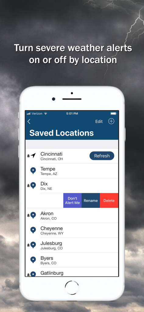 Storm Shield - Storm Shield app screenshot showing the saved locations menu to manage severe weather alerts for different cities.