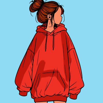 realistic girl with a oversized sweatshirt on and a bun