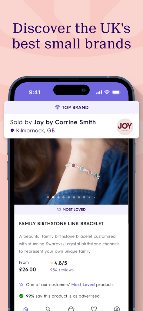 Not On The High Street - A screenshot of the Not On The High Street app showing a personalized family birthstone link bracelet from a UK boutique.