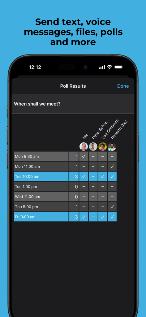 Threema Work mobile app showing meeting poll results with participant votes.