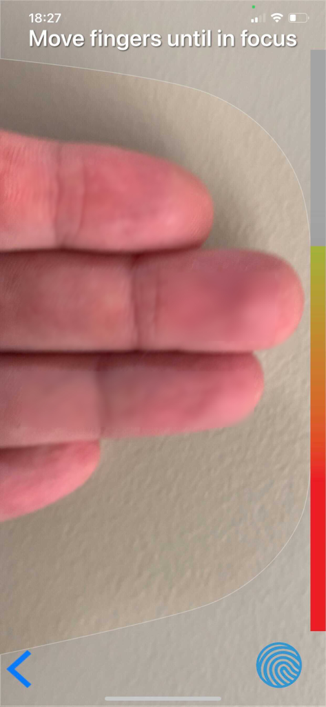 ONYX Touchless Fingerprinting - Screenshot of the ONYX Touchless Fingerprinting app interface showing a live camera view capturing fingers with an on-screen prompt to move fingers until in focus.